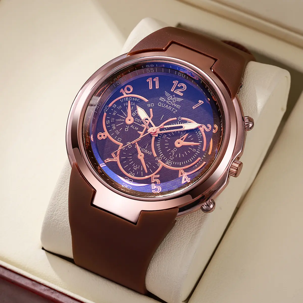 Men's Shadow Shadow Retro Quartz Watch Rose Gold Brown Strap — feature 6