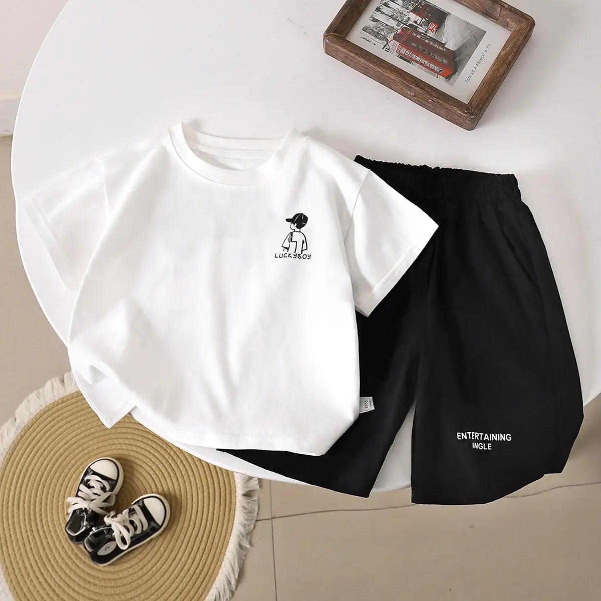 Kids Anime Print Short Sleeve Suit White Black — feature 11