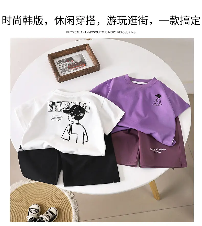 Kids Anime Print Short Sleeve Suit White Black — feature 4