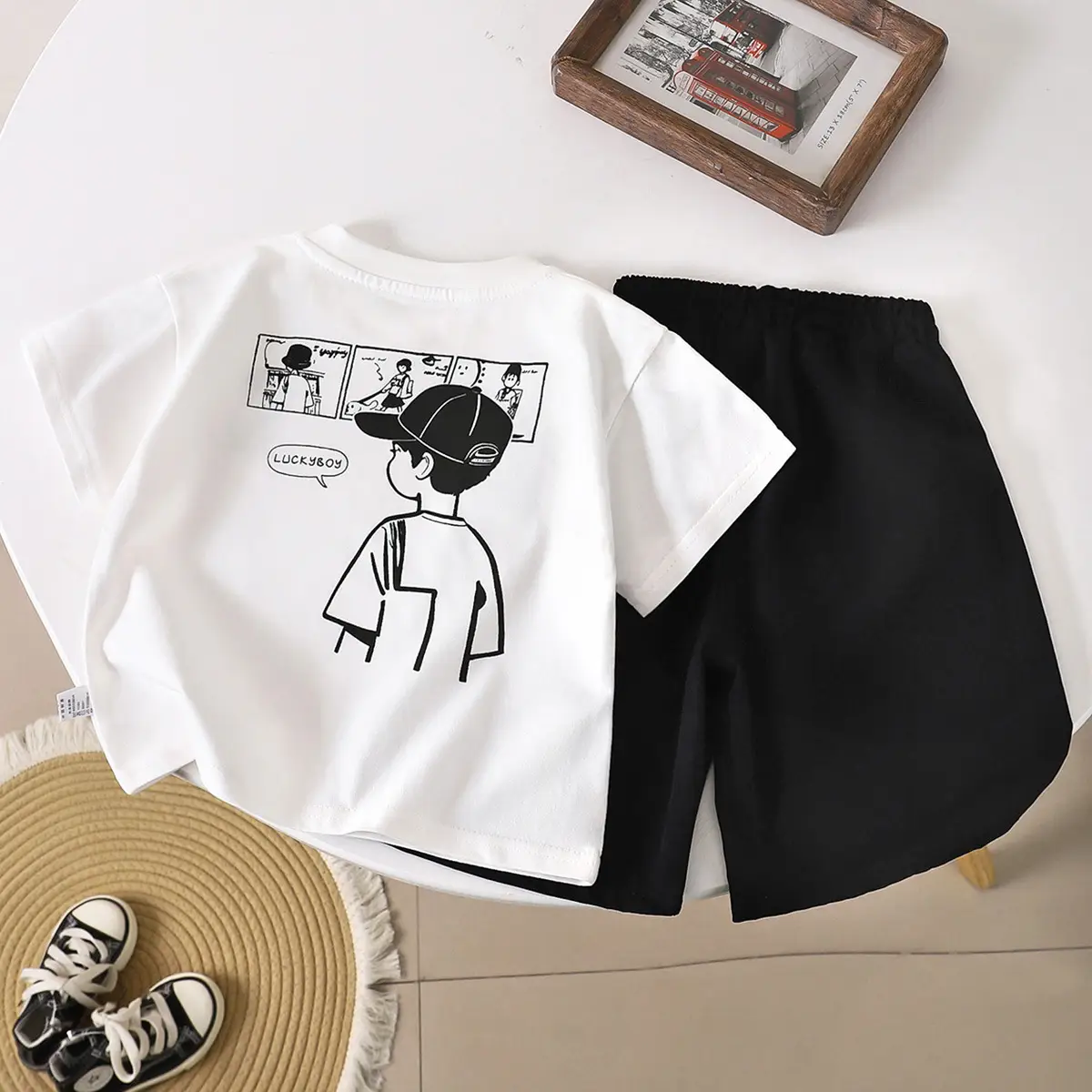 Kids Anime Print Short Sleeve Suit White Black - Image 2