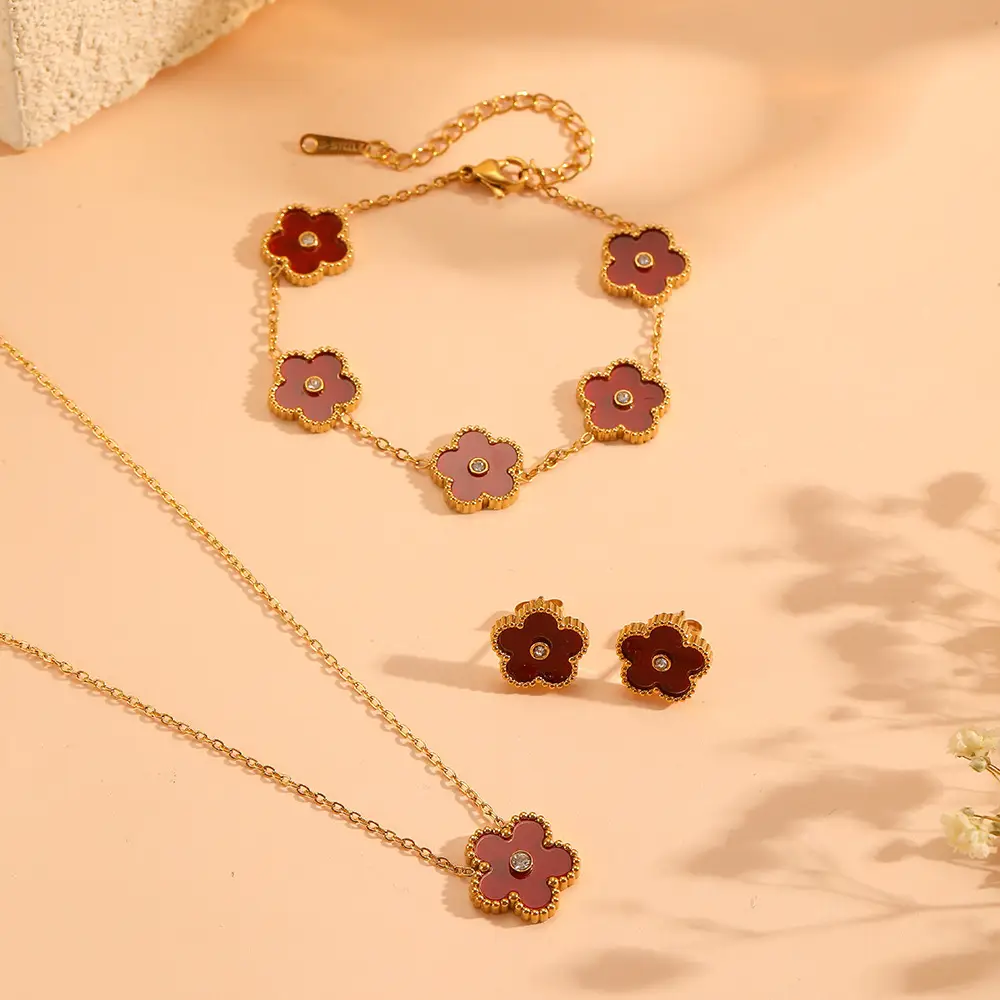 European & American Sweet Five Leaf Flower Jewelry Set - Image 4