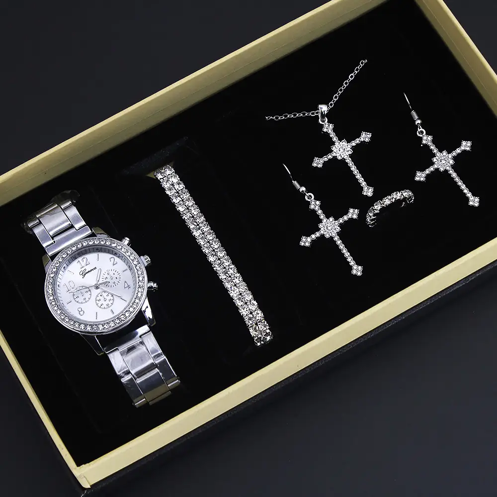 Diamond Crown Jewelry Set for Women 5Pcs Silver Watch - Image 3