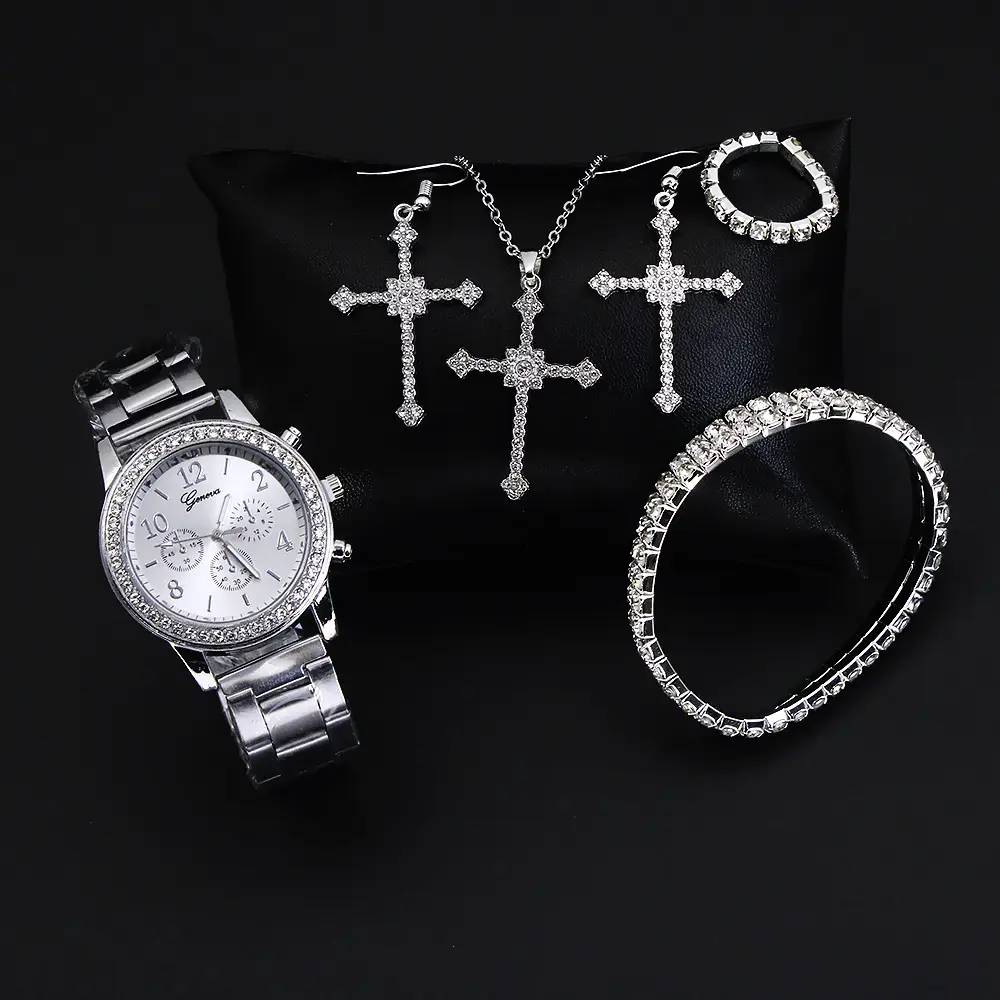 Diamond Crown Jewelry Set for Women 5Pcs Silver Watch - Image 4