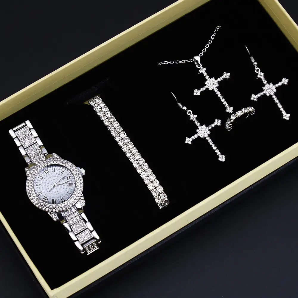 Diamond Cross Jewelry Set for Women Watch & Earrings