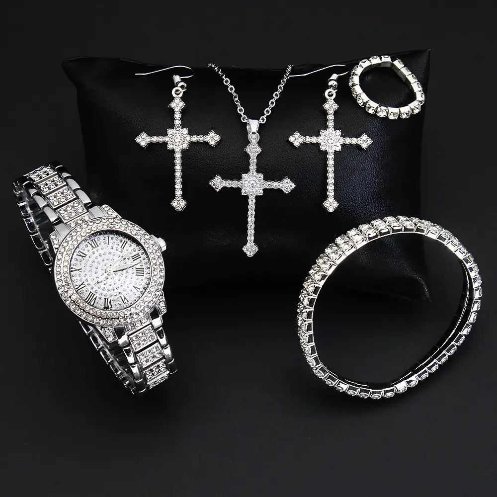 Diamond Cross Jewelry Set for Women Watch & Earrings