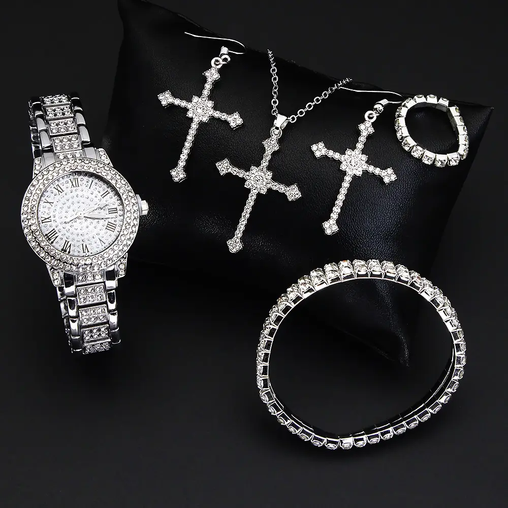 Diamond Cross Jewelry Set for Women Watch & Earrings