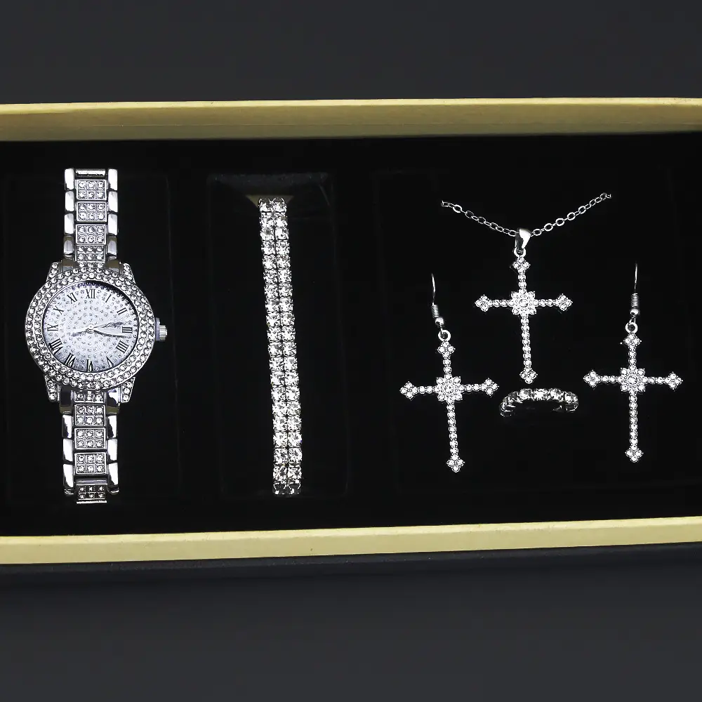 Diamond Cross Jewelry Set for Women Watch & Earrings