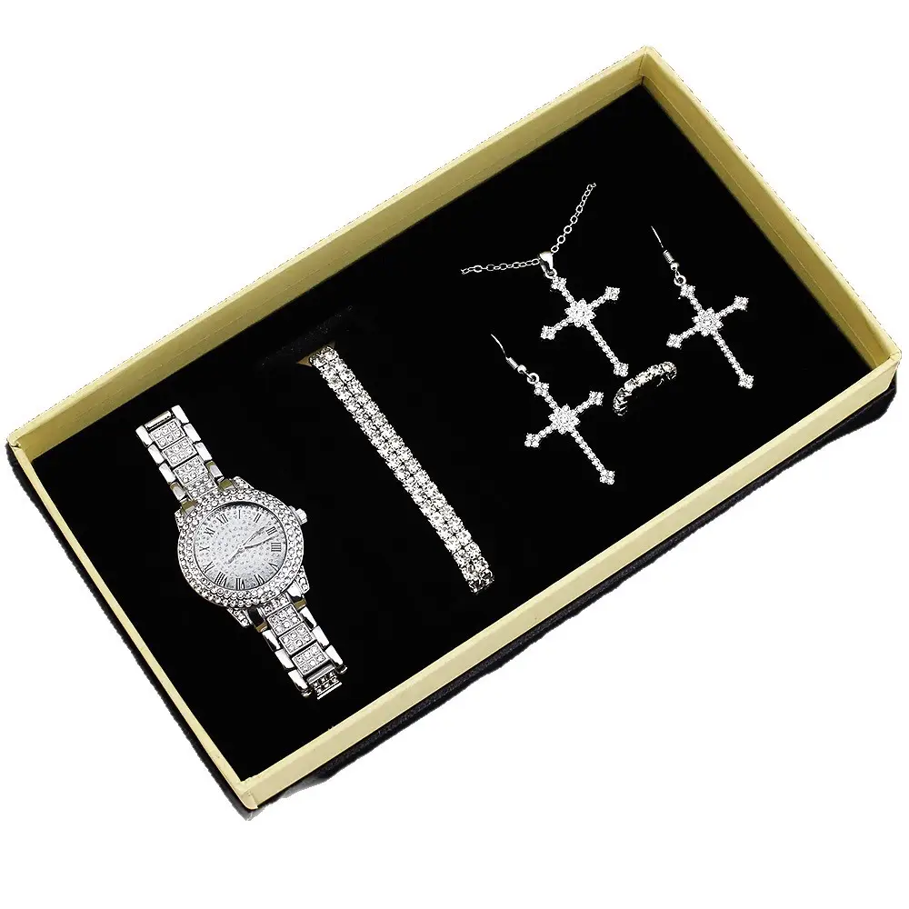 Diamond Cross Jewelry Set for Women Watch & Earrings