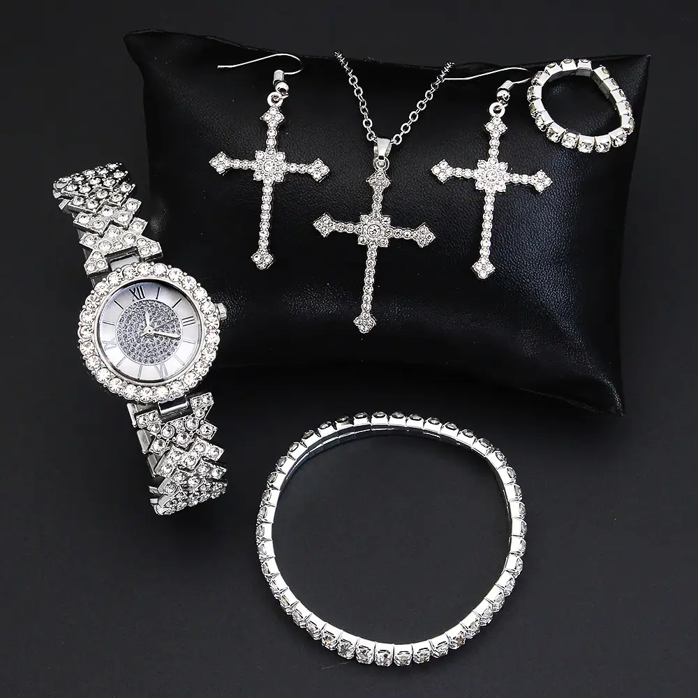 Diamond Cross Jewelry Set for Women's Watch & Earrings - Image 3