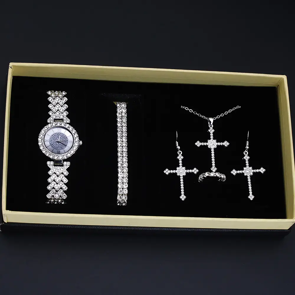 Diamond Cross Jewelry Set for Women's Watch & Earrings - Image 4