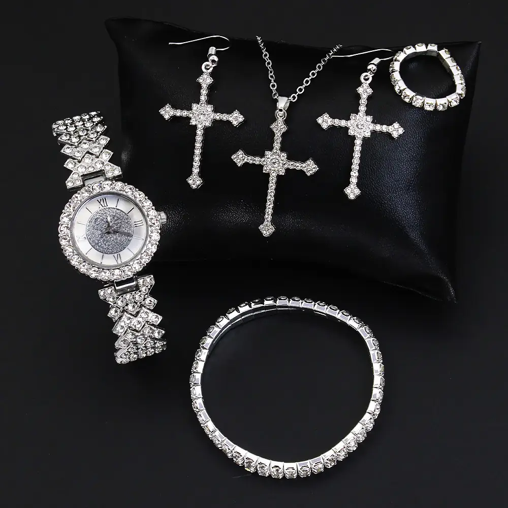 Diamond Cross Jewelry Set for Women's Watch & Earrings - Image 5
