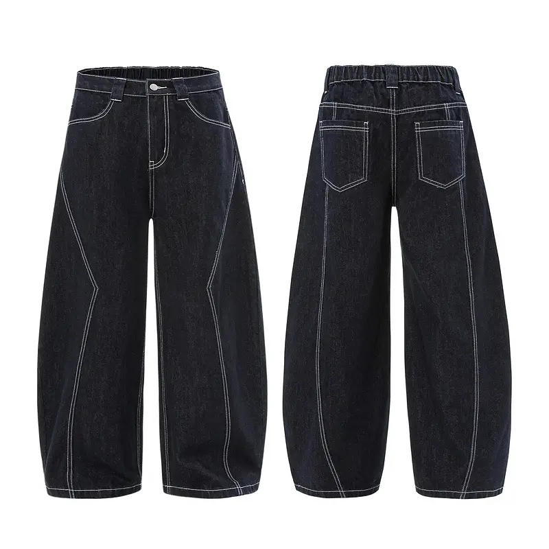 Dark Blue Denim Wide Leg Pants Casual Unisex Loose Fit