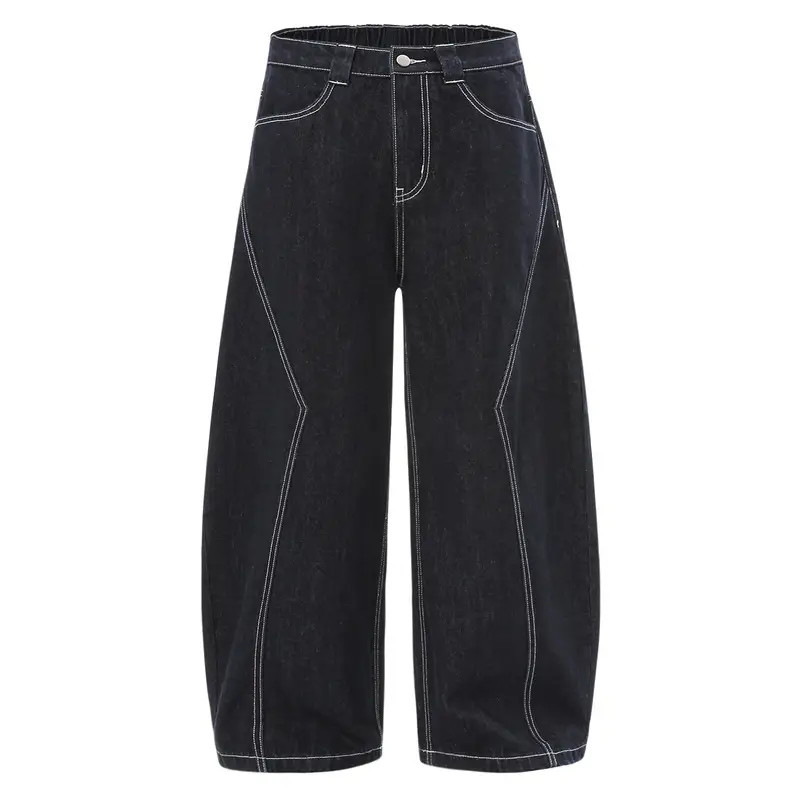 Dark Blue Denim Wide Leg Pants Casual Unisex Loose Fit