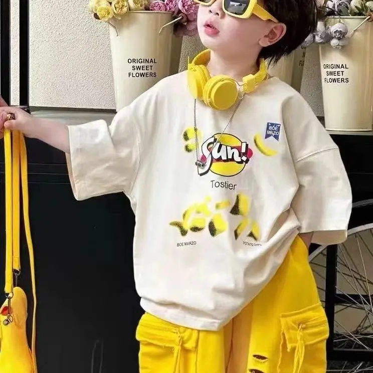 Kids Korean Style Short Sleeve T-Shirt Suit Yellow - Image 4