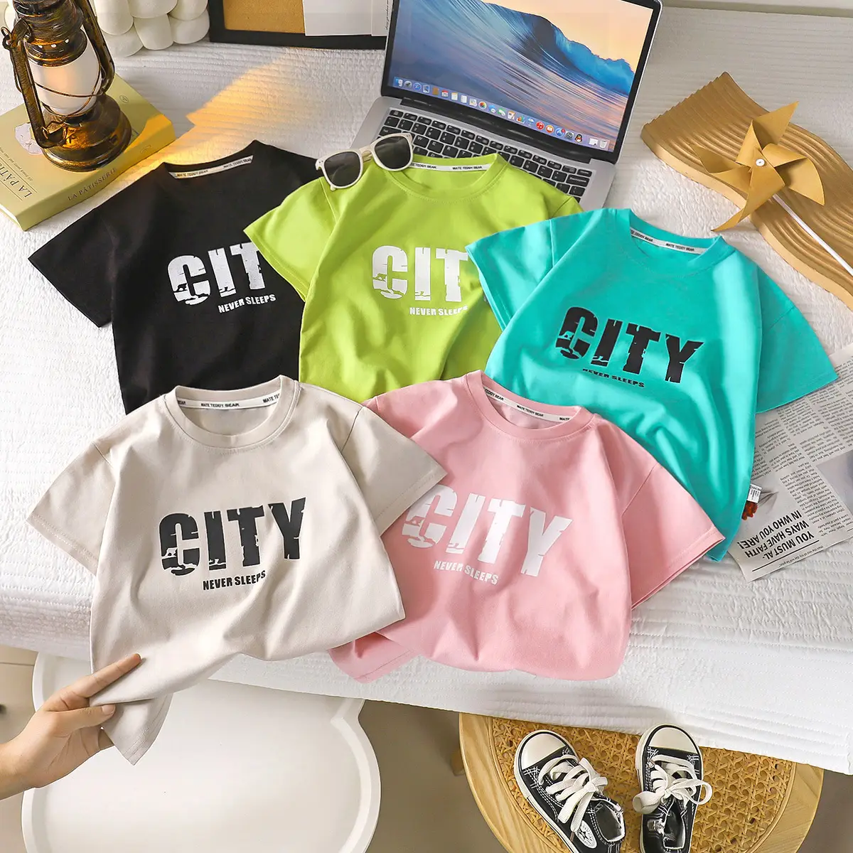 Kids T-Shirt City Print Green Cotton Loose Fit
