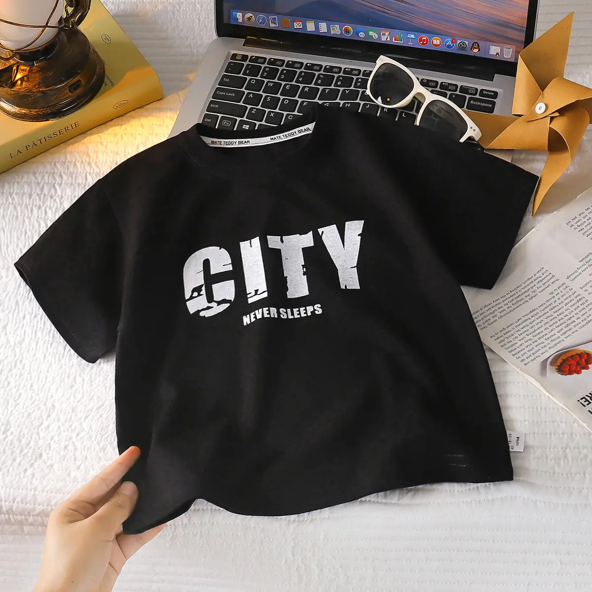 Kids T-Shirt City Print Green Cotton Loose Fit