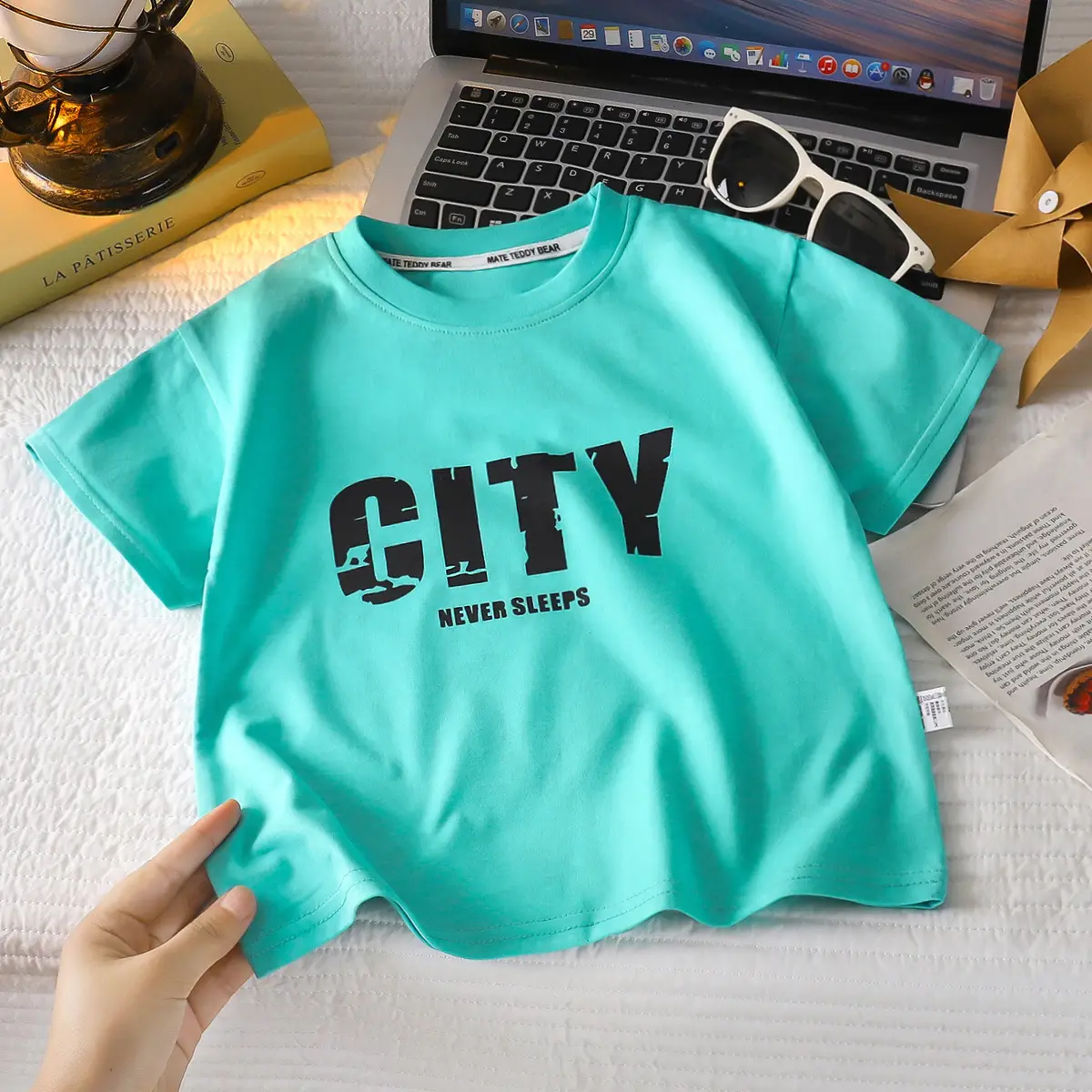 Kids T-Shirt City Print Green Cotton Loose Fit