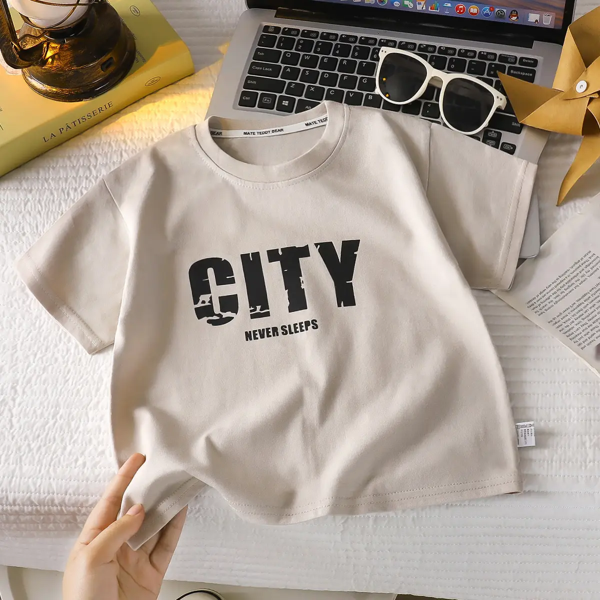 Kids T-Shirt City Print Green Cotton Loose Fit