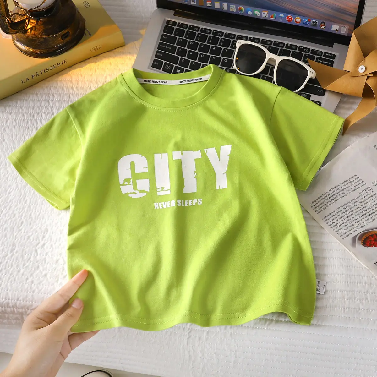 Kids T-Shirt City Print Green Cotton Loose Fit