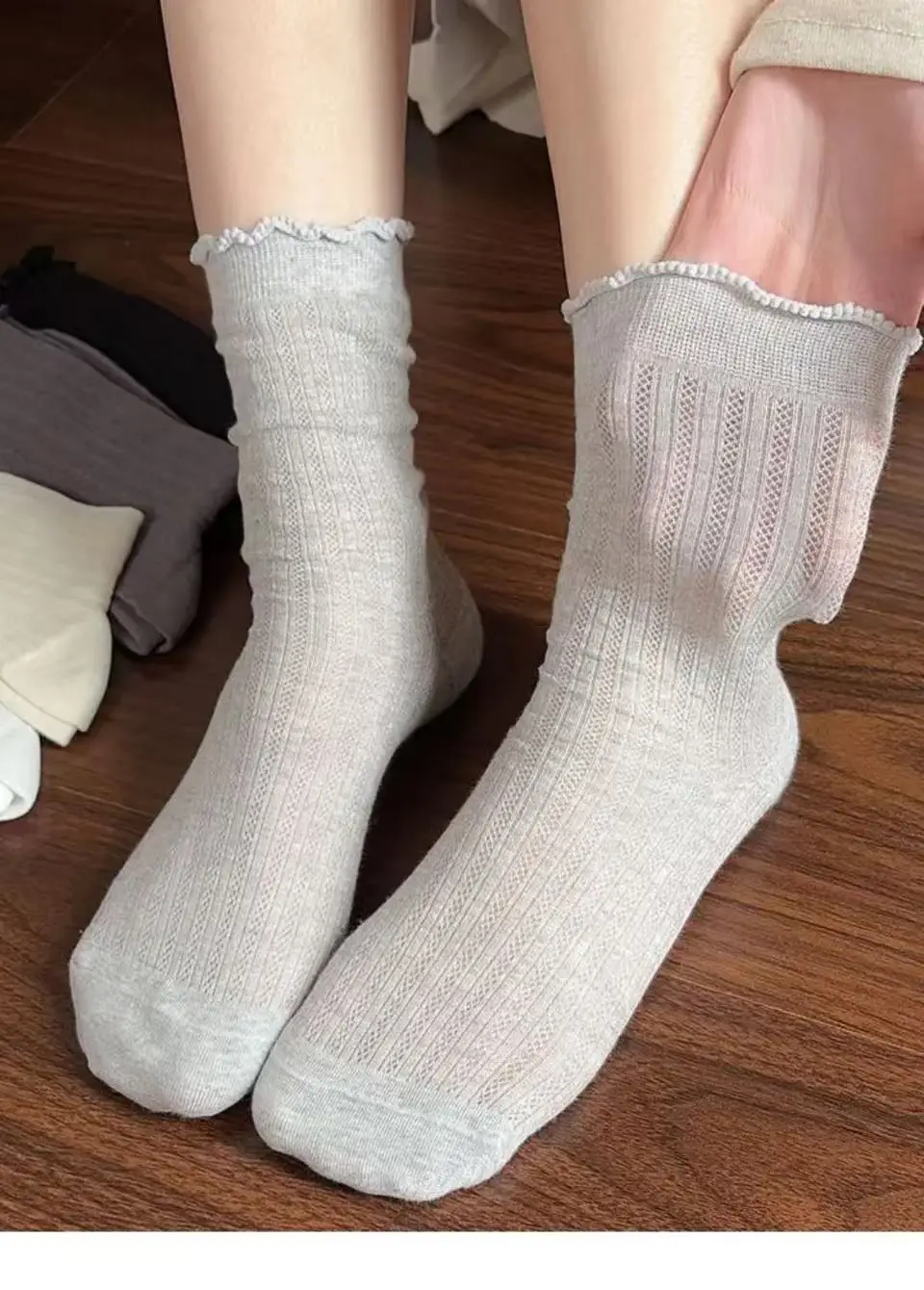 Summer Thin Socks for Women, Solid Color Hollow Mesh Mid-Calf Socks, White Odor-Resistant Breathable Girls' Lace Slouch Socks — feature 5