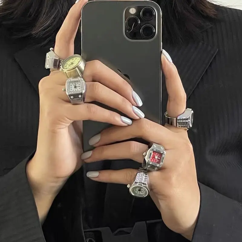 Punk Watch Ring with Diamond Dial and Stainless Steel Band