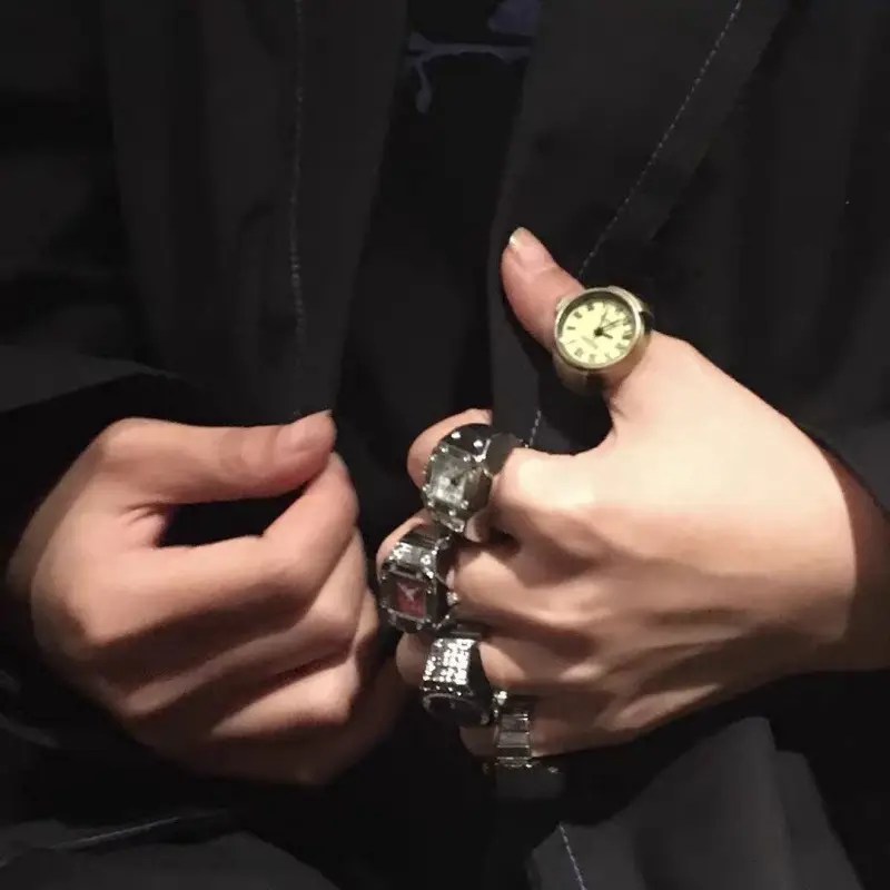 Punk Watch Ring with Diamond Dial and Stainless Steel Band