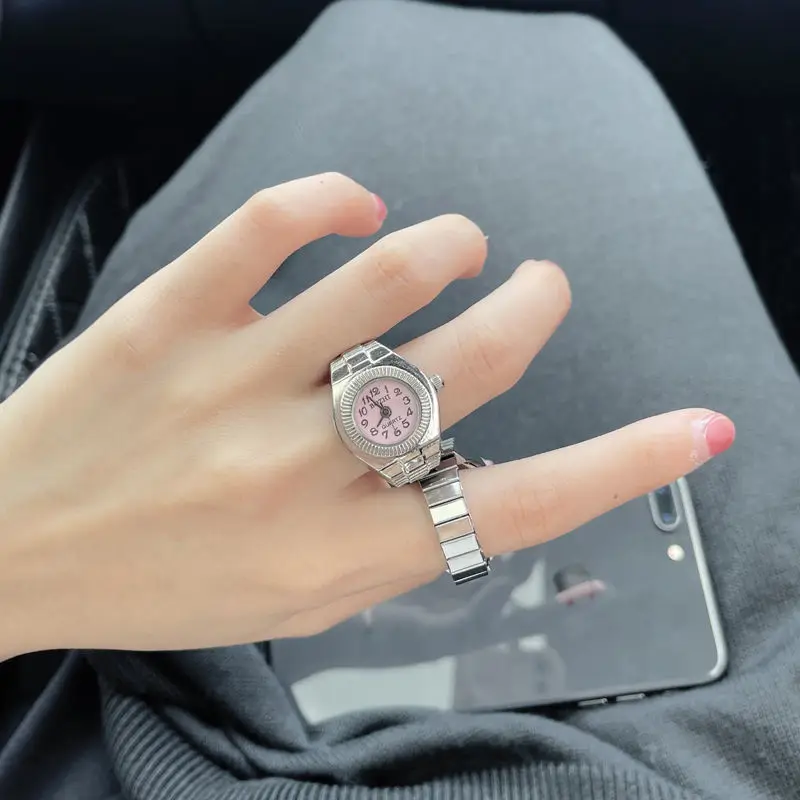 Punk Watch Ring with Diamond Dial and Stainless Steel Band