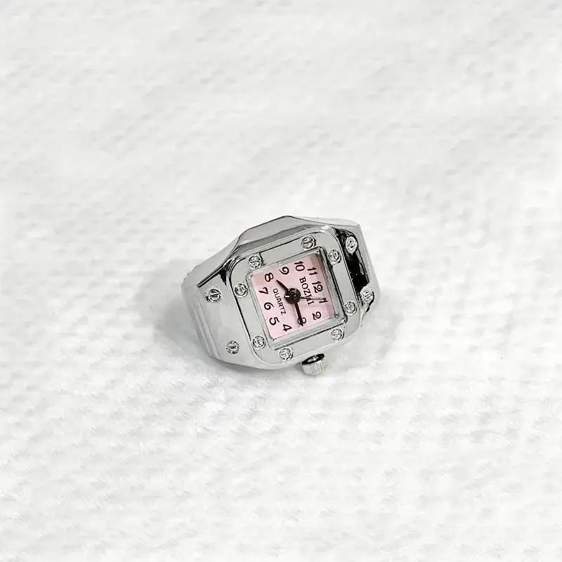 Punk Watch Ring with Diamond Dial and Stainless Steel Band