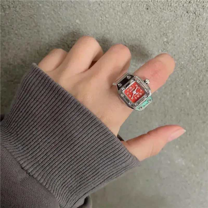 Punk Watch Ring with Diamond Dial and Stainless Steel Band