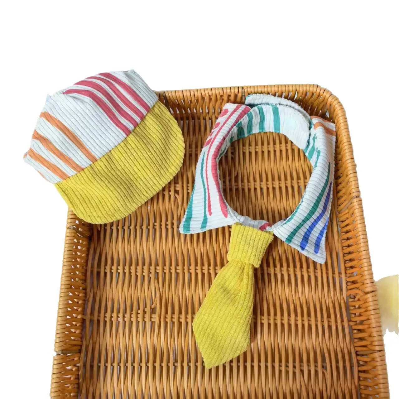 Pet Dog Cat Tie Baseball Cap Hat Set Yellow Striped - Image 6
