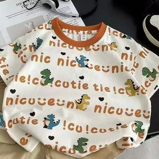 Children's Dinosaur Print Cotton T-Shirt Round Neck - Image 2