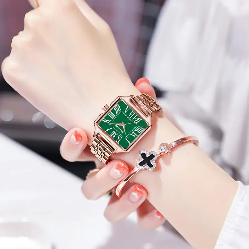 Women's Green Square Watch with Gold Band - Image 5