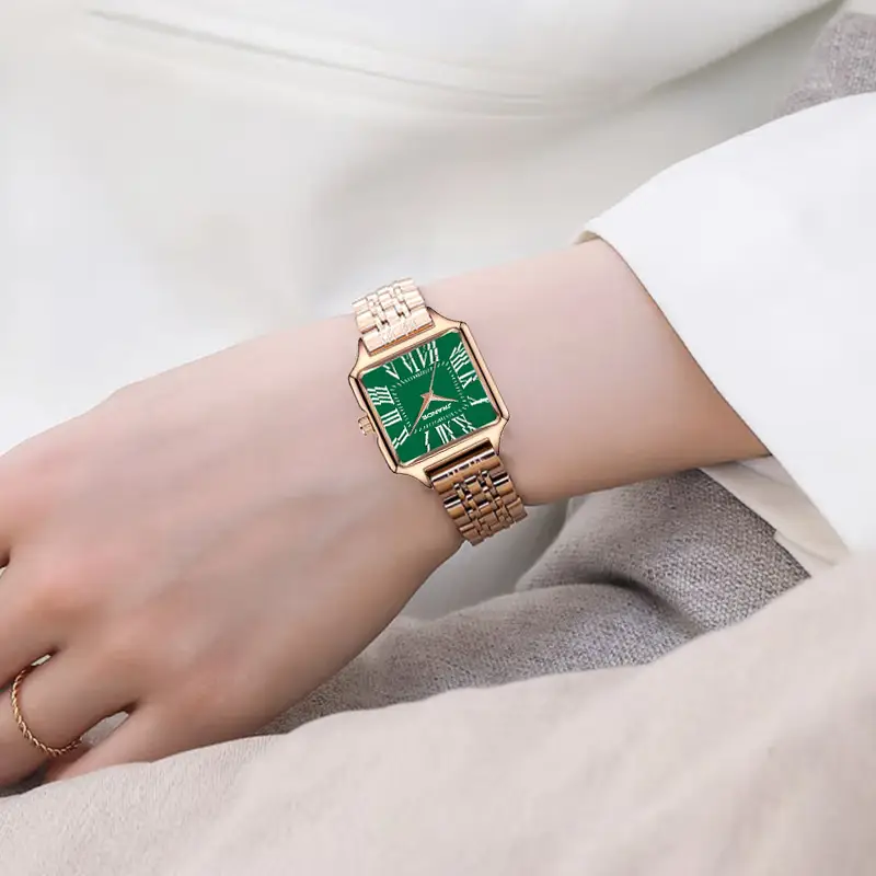 Women's Green Square Watch with Gold Band - Image 6