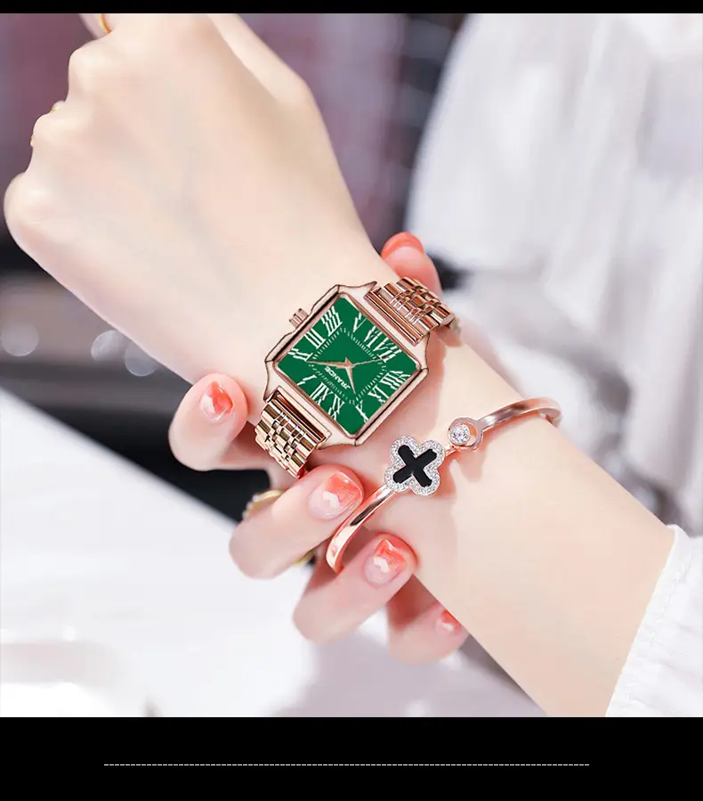 Women's Green Square Watch with Gold Band — feature 2
