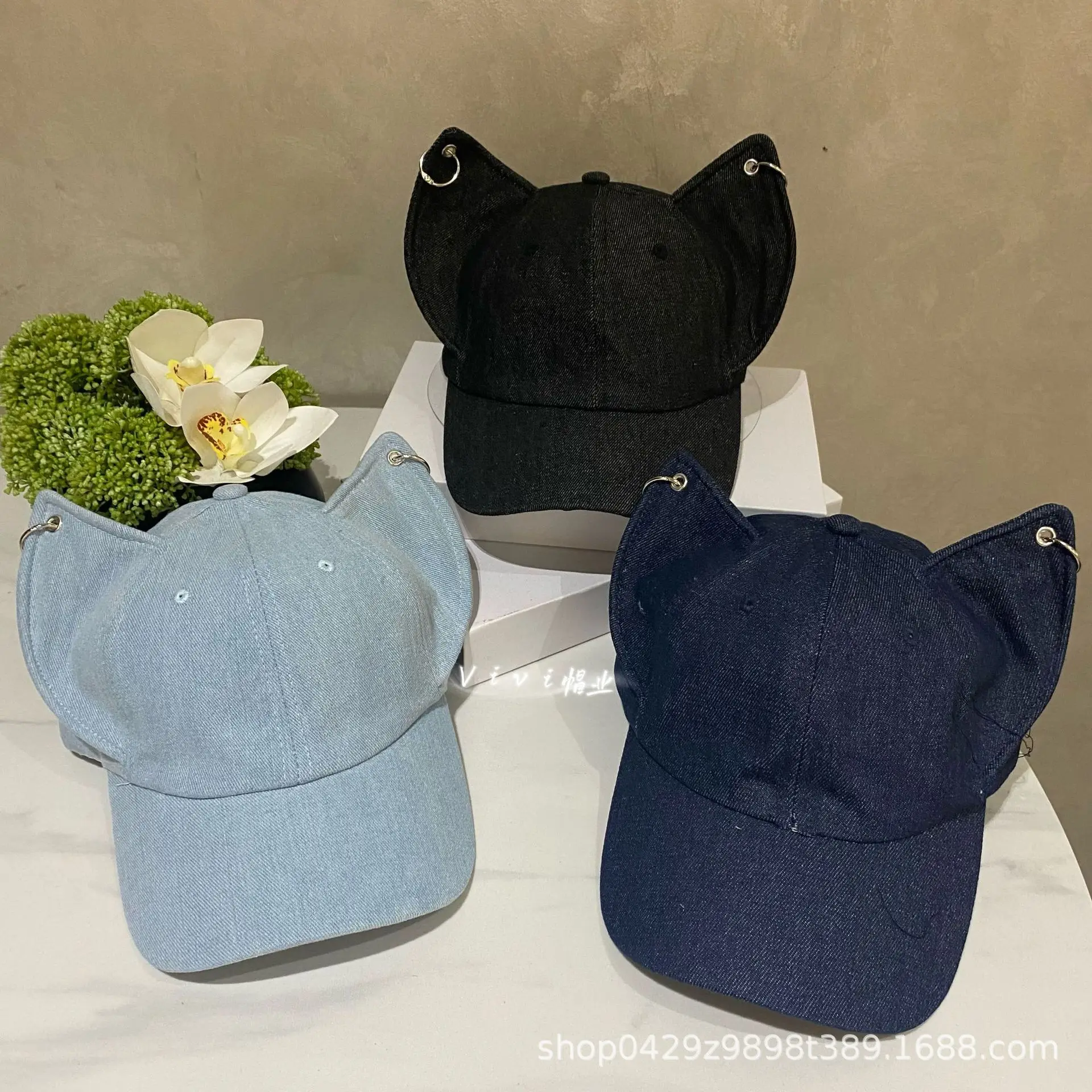 Black Fox Ears Denim Baseball Cap for Women