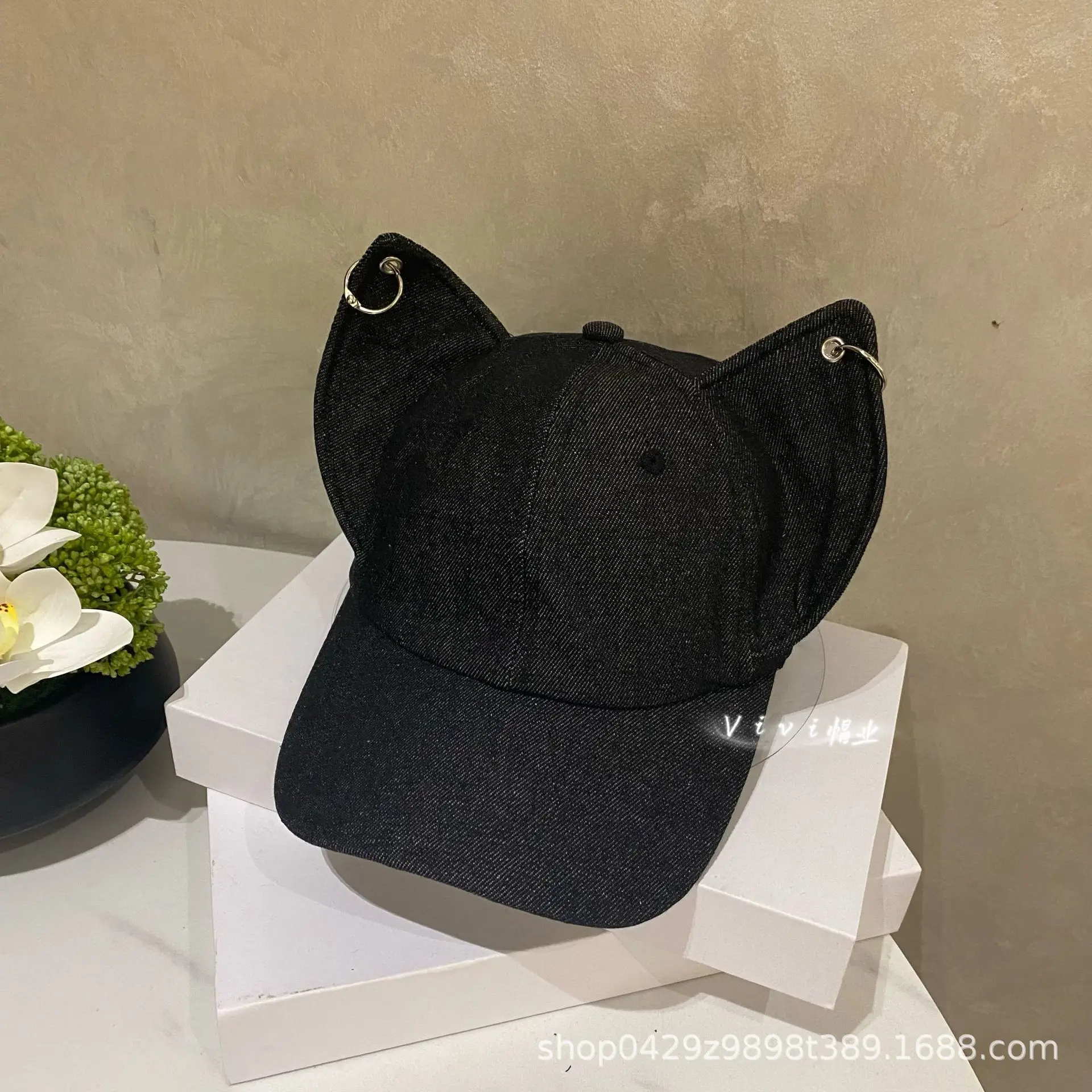 Black Fox Ears Denim Baseball Cap for Women