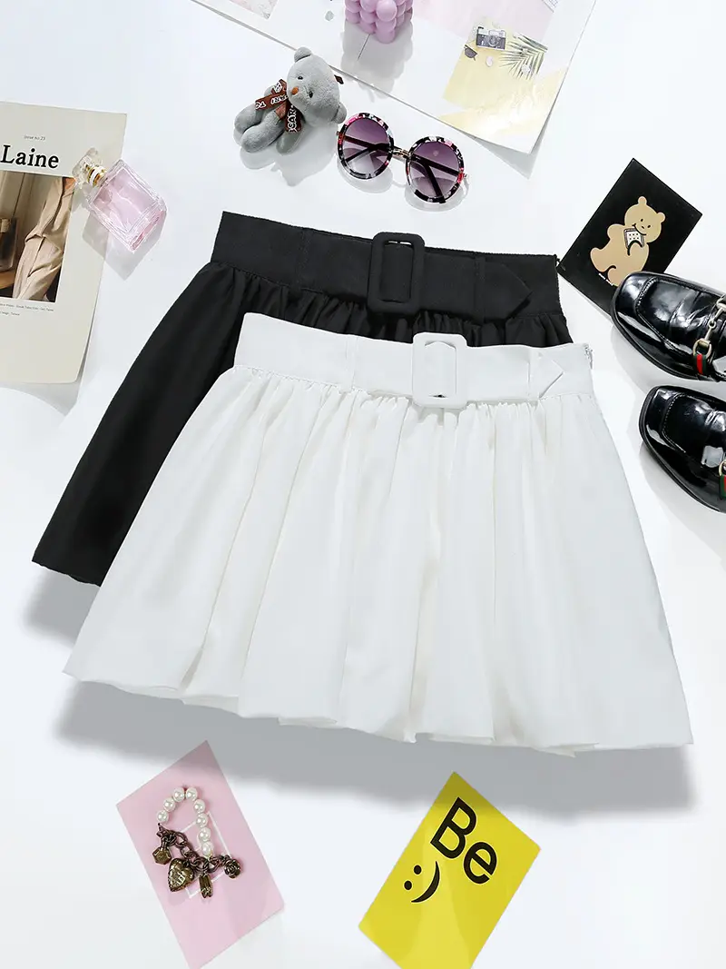 White Puffy A-Line Skirt with Belt for Women — feature 1