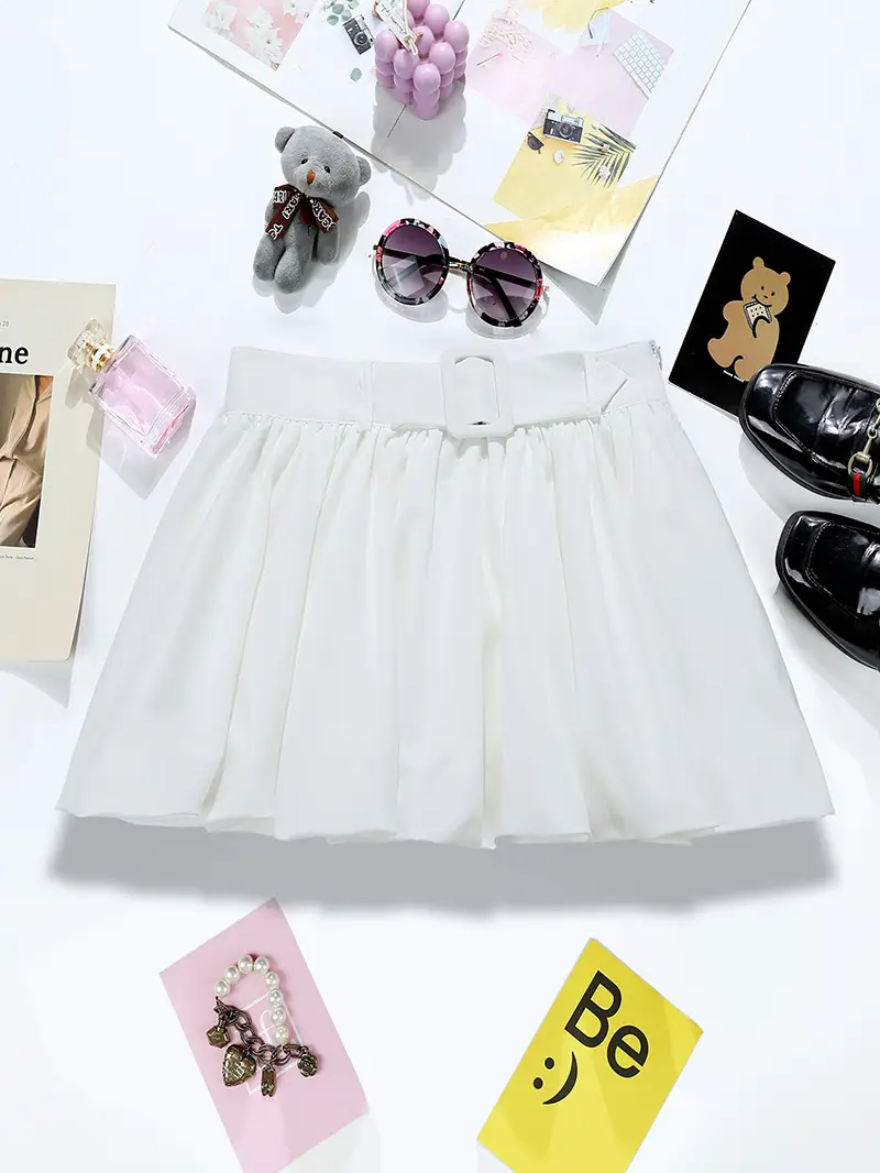 White Puffy A-Line Skirt with Belt for Women — feature 4
