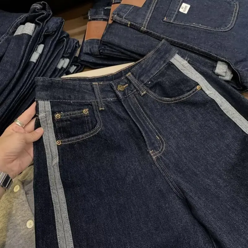Dark Blue Denim Wide Leg Pants for Men Women 2025 Korean Style