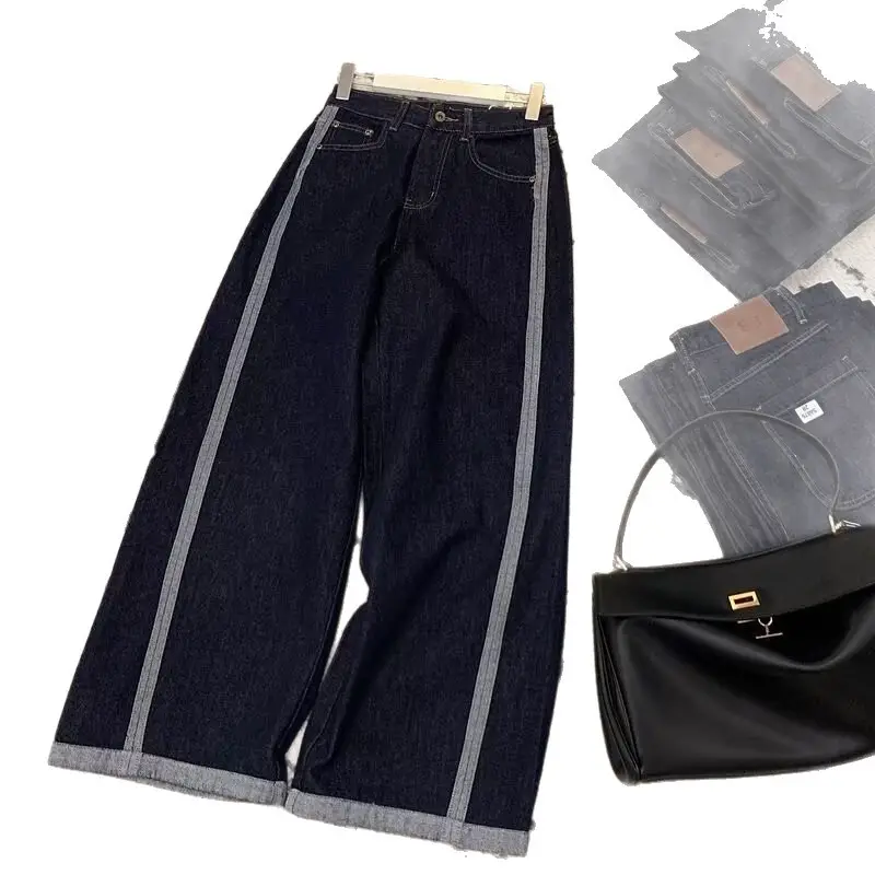 Dark Blue Denim Wide Leg Pants for Men Women 2025 Korean Style