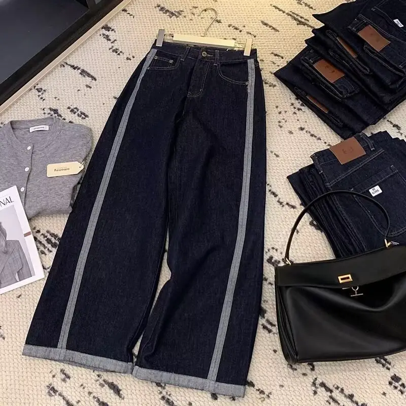 Dark Blue Denim Wide Leg Pants for Men Women 2025 Korean Style — feature 1