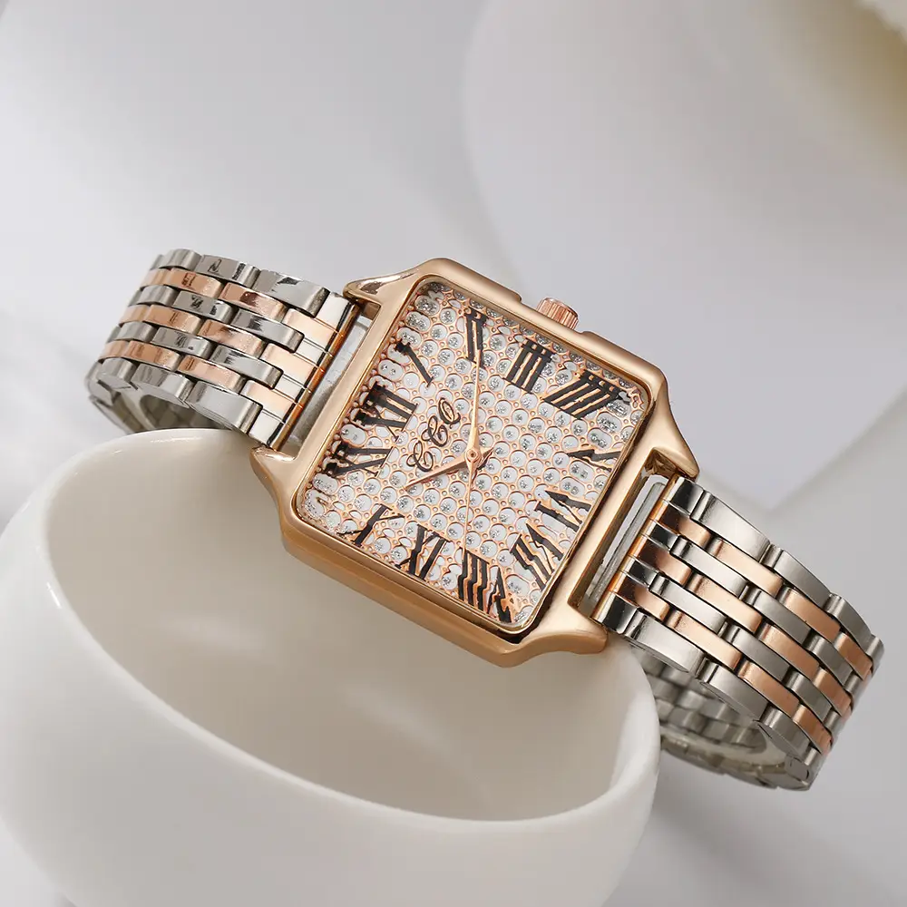 Women's Rose Gold Roman Numeral Watch with Diamond Band — feature 3