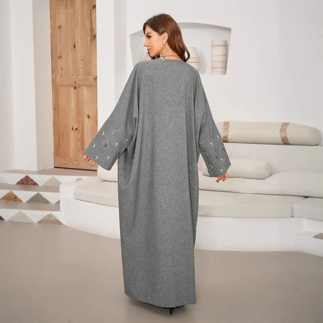 Ln775 Fashionable Versatile Women's Moon Embroidery Long Robe Cardigan Style Loose Fit Long Sleeves Long Outerwear for Commuting