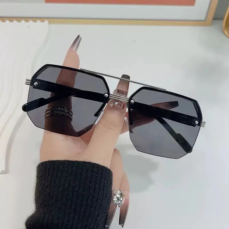 Men's Black Half Frame Sun Glasses Polygonal Metal - Image 8