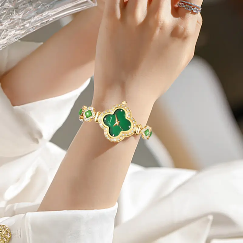 Women's Four-Leaf Clover Bracelet Watch with Green Gemstones - Image 4