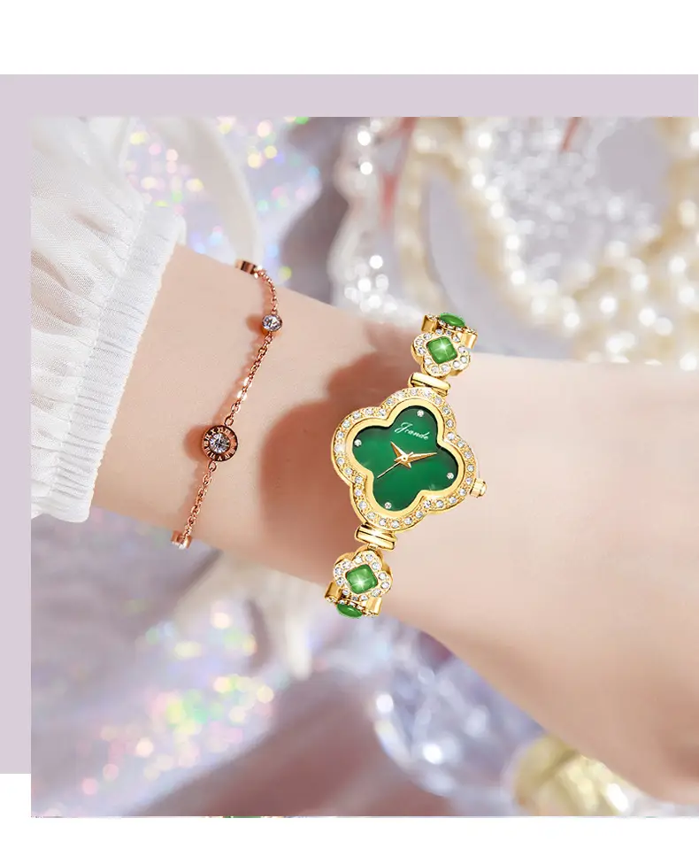 Women's Four-Leaf Clover Bracelet Watch with Green Gemstones — feature 10