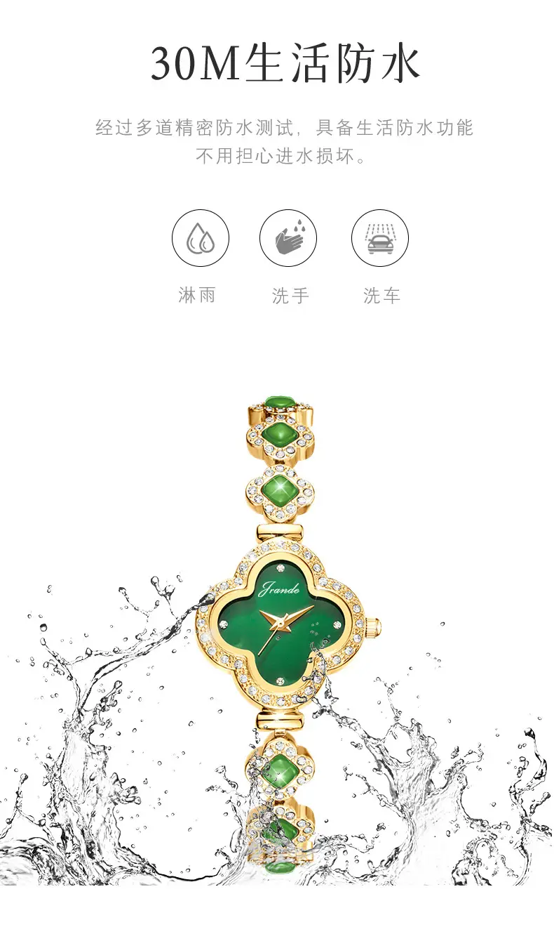 Women's Four-Leaf Clover Bracelet Watch with Green Gemstones — feature 11