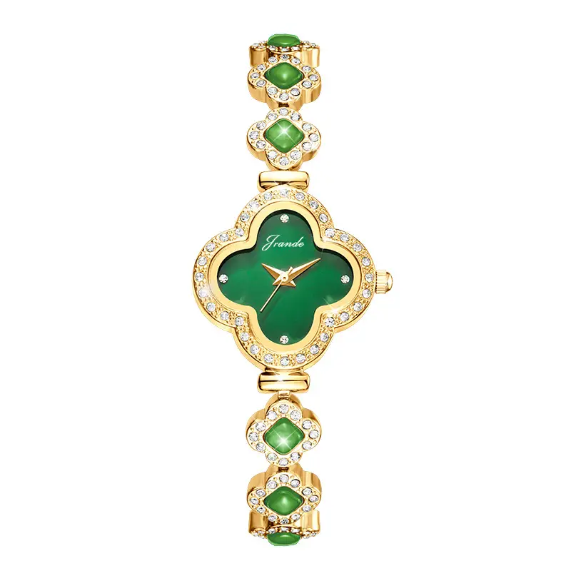 Women's Four-Leaf Clover Bracelet Watch with Green Gemstones - Image 2
