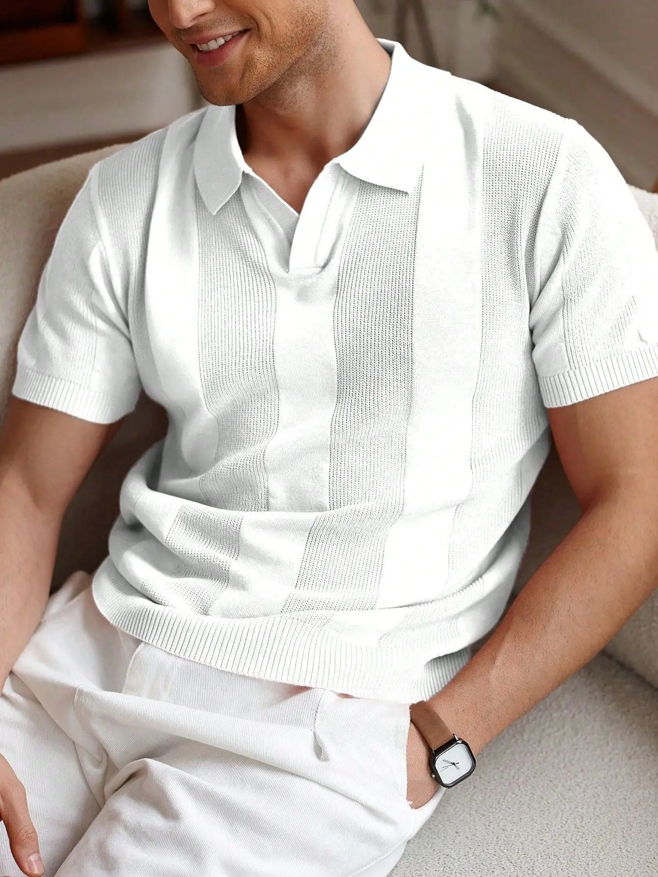 Men White Striped Jacquard Polo Shirt Cut Out - Image 4