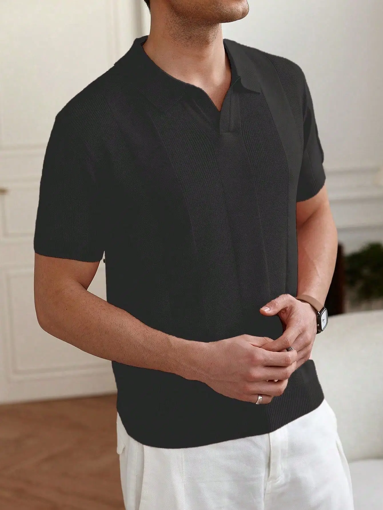 Men White Striped Jacquard Polo Shirt Cut Out - Image 6
